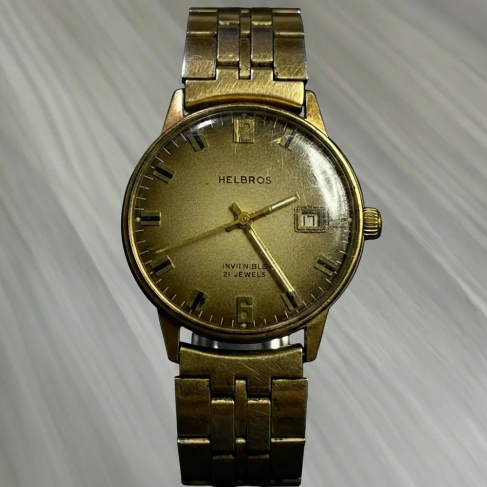 Helbros Invincible 21‑Jewel Men’s Watch, 14K Solid Gold Case, Manual Wind, Vintage 1950s–60s