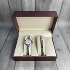Women’s Quartz Watch & Rhinestone Bracelet Gift Set, Silver‑Tone, Mother‑of‑Pearl Dial, New in Box
