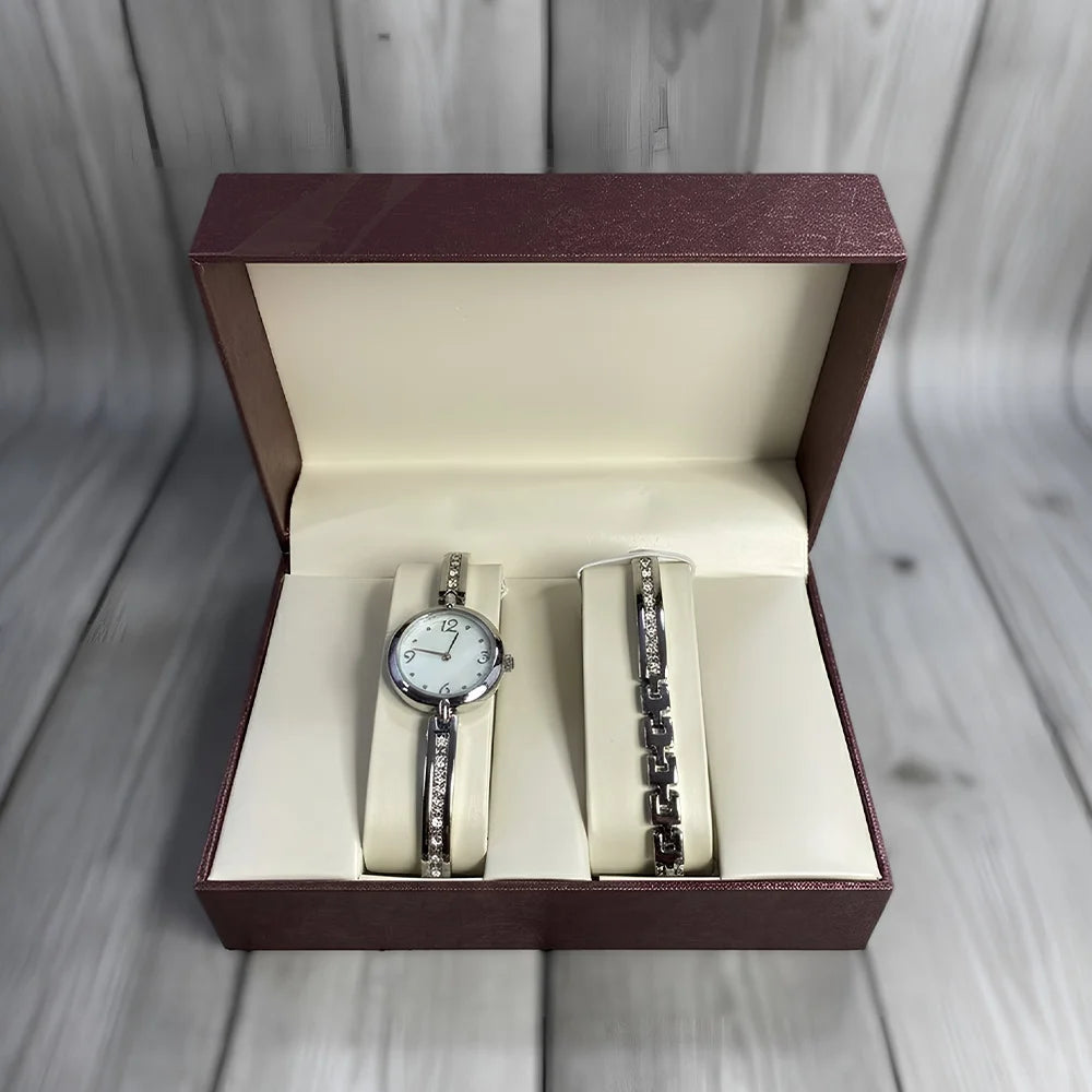 Women’s Quartz Watch & Rhinestone Bracelet Gift Set, Silver‑Tone, Mother‑of‑Pearl Dial, New in Box
