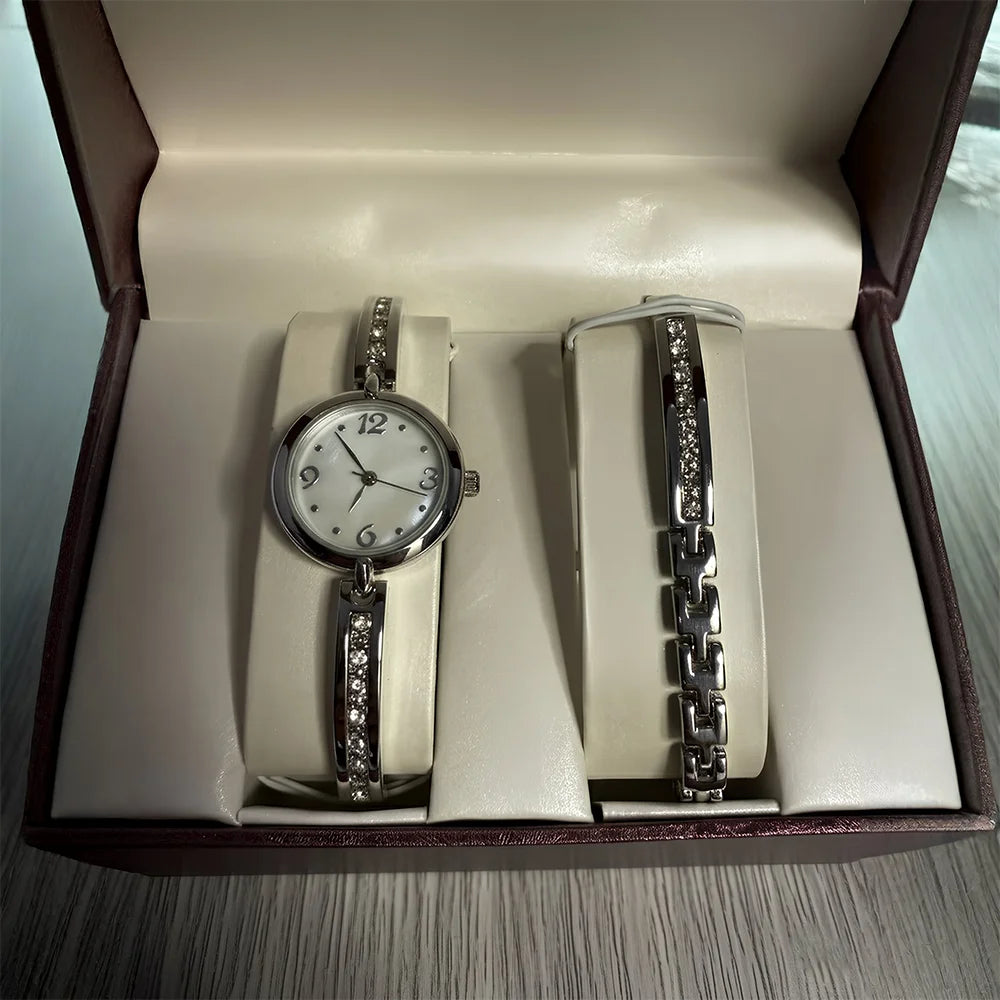 Women’s Quartz Watch & Rhinestone Bracelet Gift Set, Silver‑Tone, Mother‑of‑Pearl Dial, New in Box