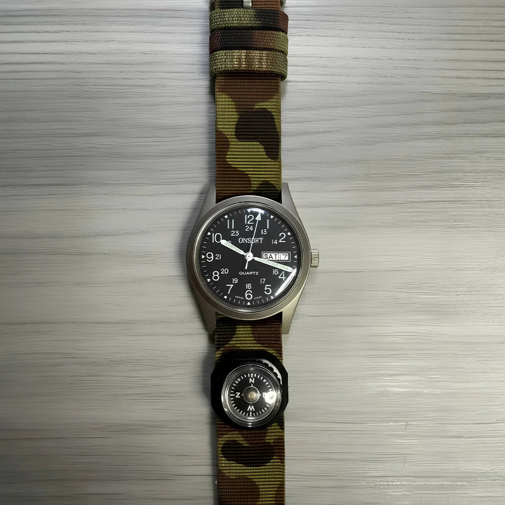 Vintage Consort Quartz Field Watch Day-Date Japan Mov’t on Camo NATO with Strap Compass