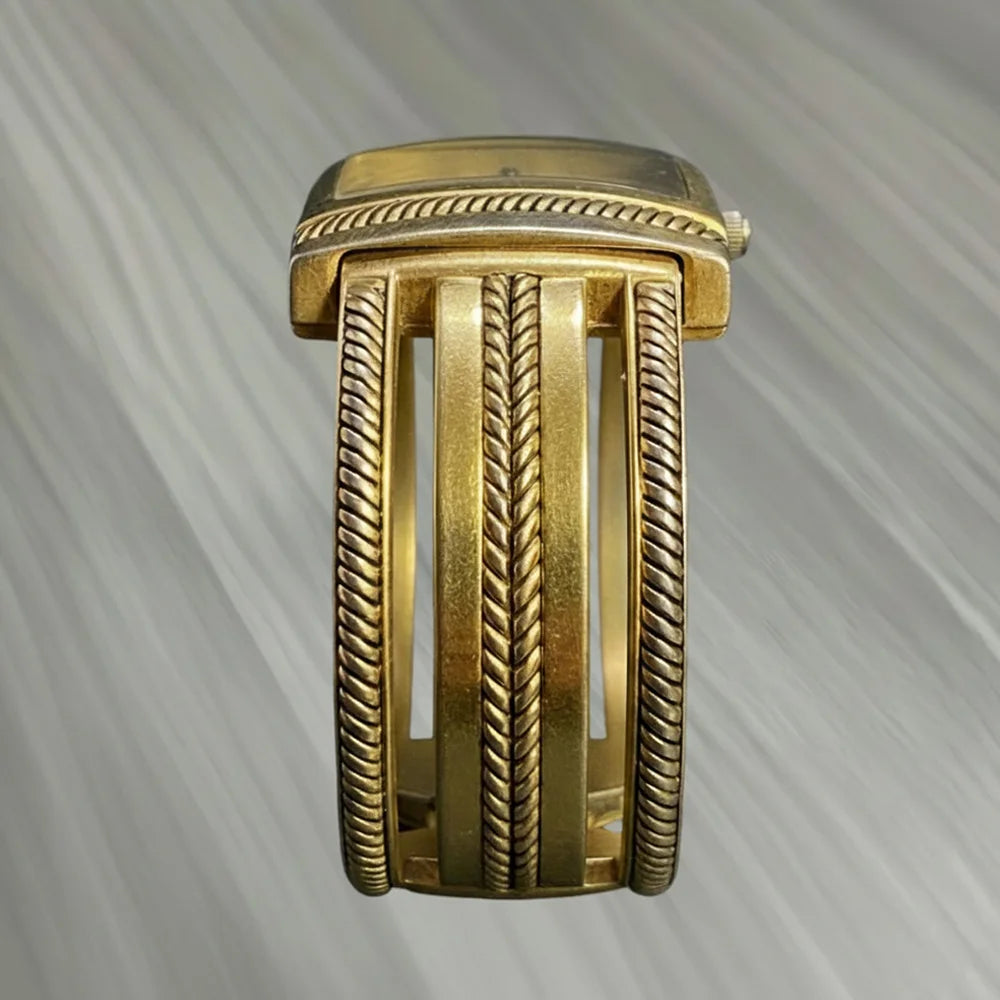 Vintage gold‑tone bangle cuff quartz watch, square rope‑edge bezel, 14K gold‑plated/filled style, retro fashion jewelry