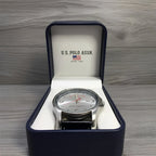 U.S. Polo Assn. Men’s Quartz Watch, Silver Dial, Date, Japan Mov’t, Leather Strap, Boxed