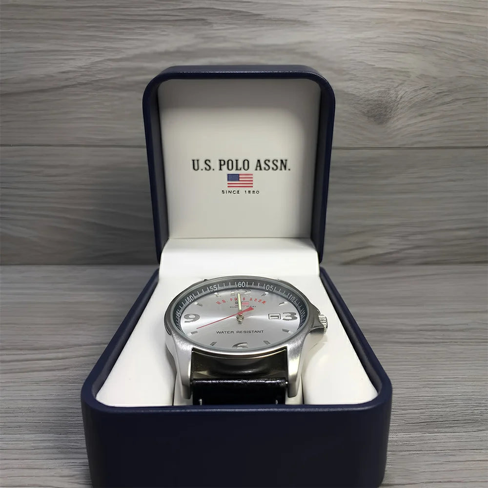 U.S. Polo Assn. Men’s Quartz Watch, Silver Dial, Date, Japan Mov’t, Leather Strap, Boxed