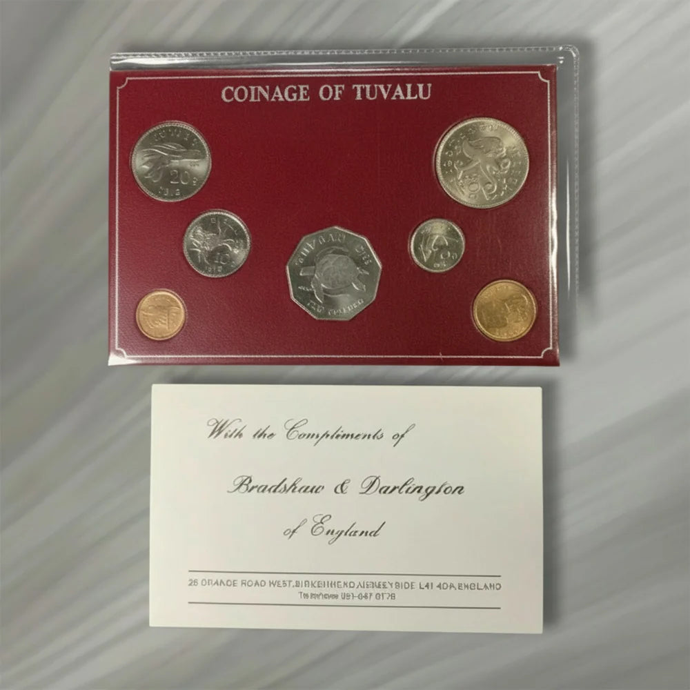 Tuvalu First Coinage Uncirculated Set (c. 1976), 7 Coins in Original Wallet, Queen Elizabeth II