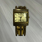 Vintage gold‑tone bangle cuff quartz watch, square rope‑edge bezel, 14K gold‑plated/filled style, retro fashion jewelry