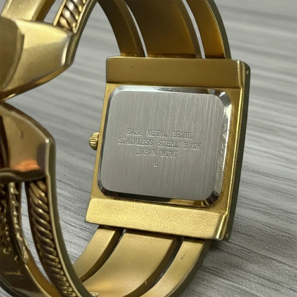 Vintage gold‑tone bangle cuff quartz watch, square rope‑edge bezel, 14K gold‑plated/filled style, retro fashion jewelry