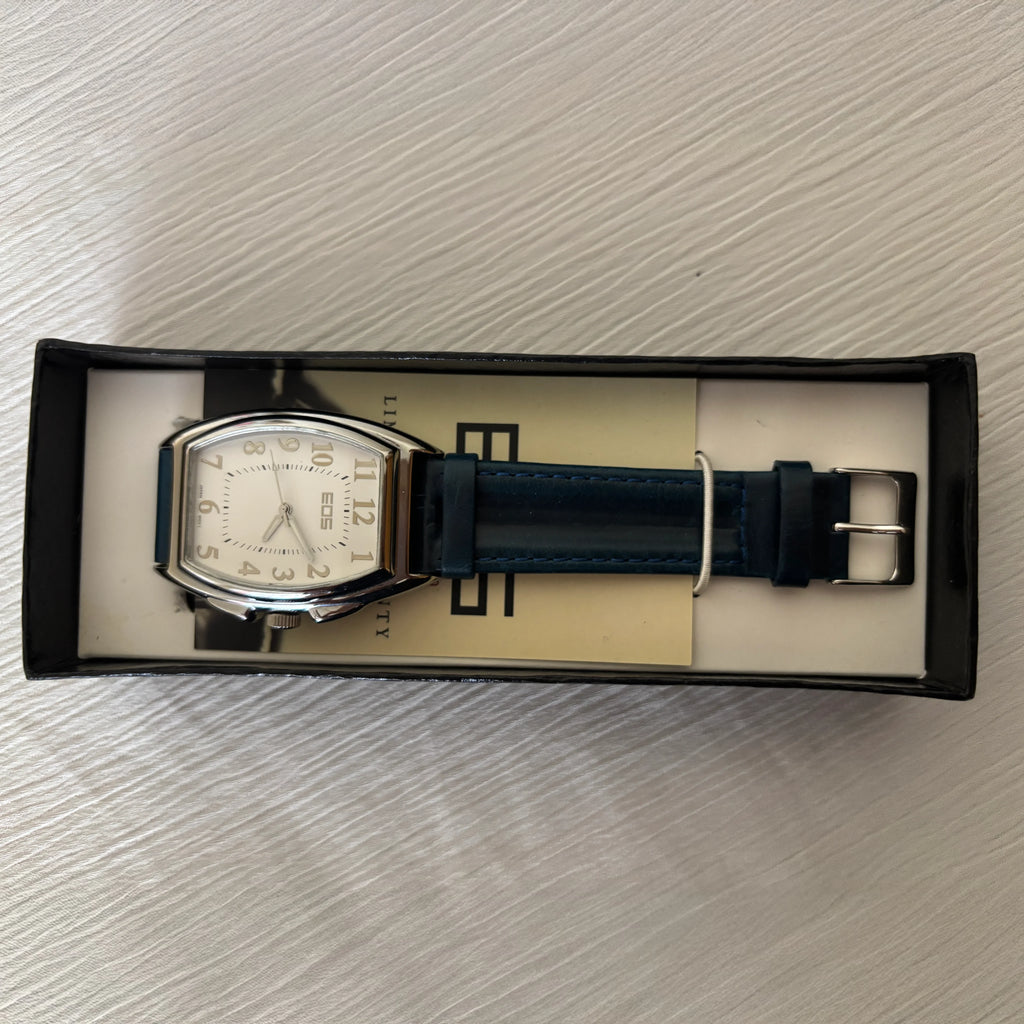 EOS New York Tonneau Quartz Watch, Japan Mov’t, Blue Leather Strap, Boxed, Women/Unisex