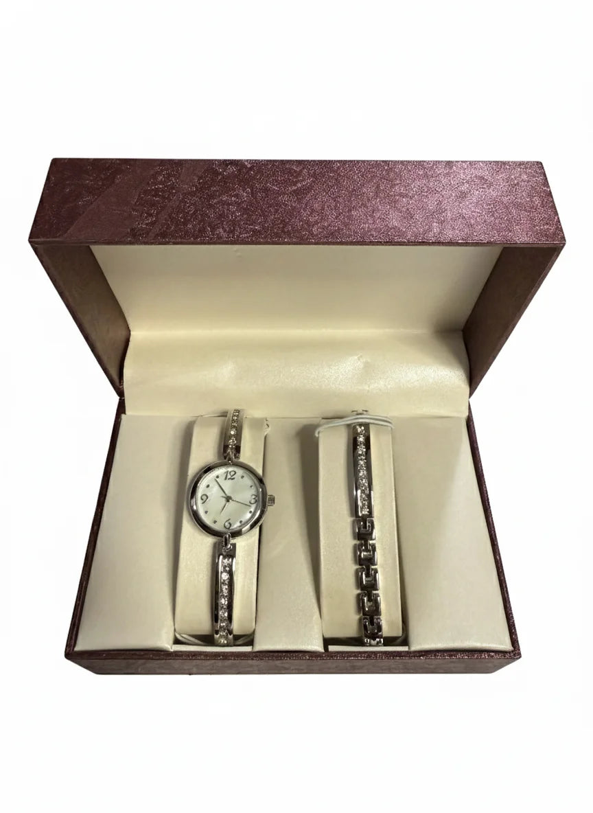 Women’s Quartz Watch & Rhinestone Bracelet Gift Set, Silver‑Tone, Mother‑of‑Pearl Dial, New in Box