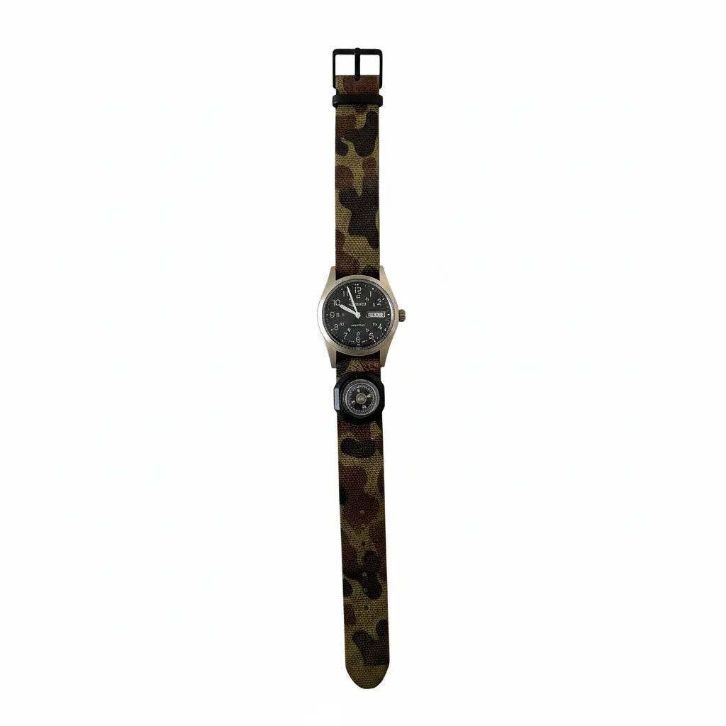 Vintage Consort Quartz Field Watch Day-Date Japan Mov’t on Camo NATO with Strap Compass