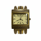 Vintage gold‑tone bangle cuff quartz watch, square rope‑edge bezel, 14K gold‑plated/filled style, retro fashion jewelry