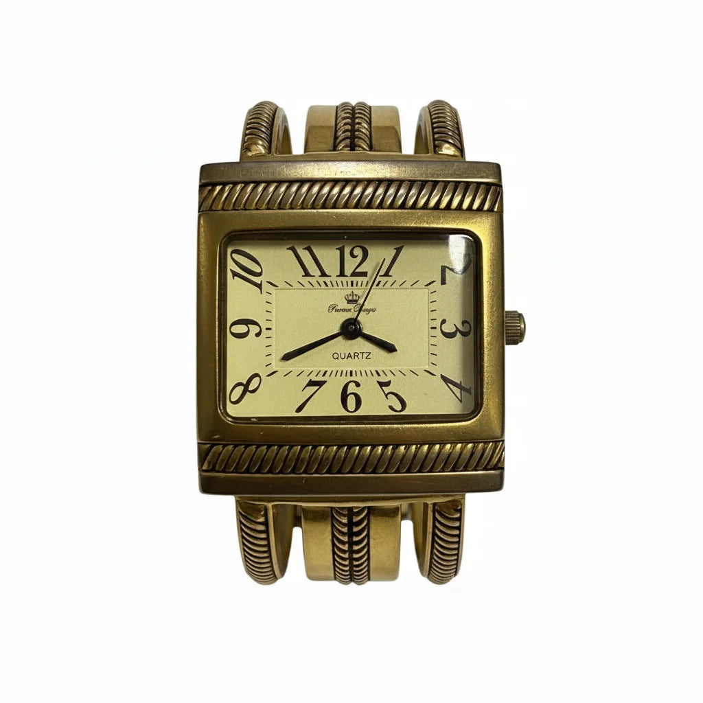 Vintage gold‑tone bangle cuff quartz watch, square rope‑edge bezel, 14K gold‑plated/filled style, retro fashion jewelry