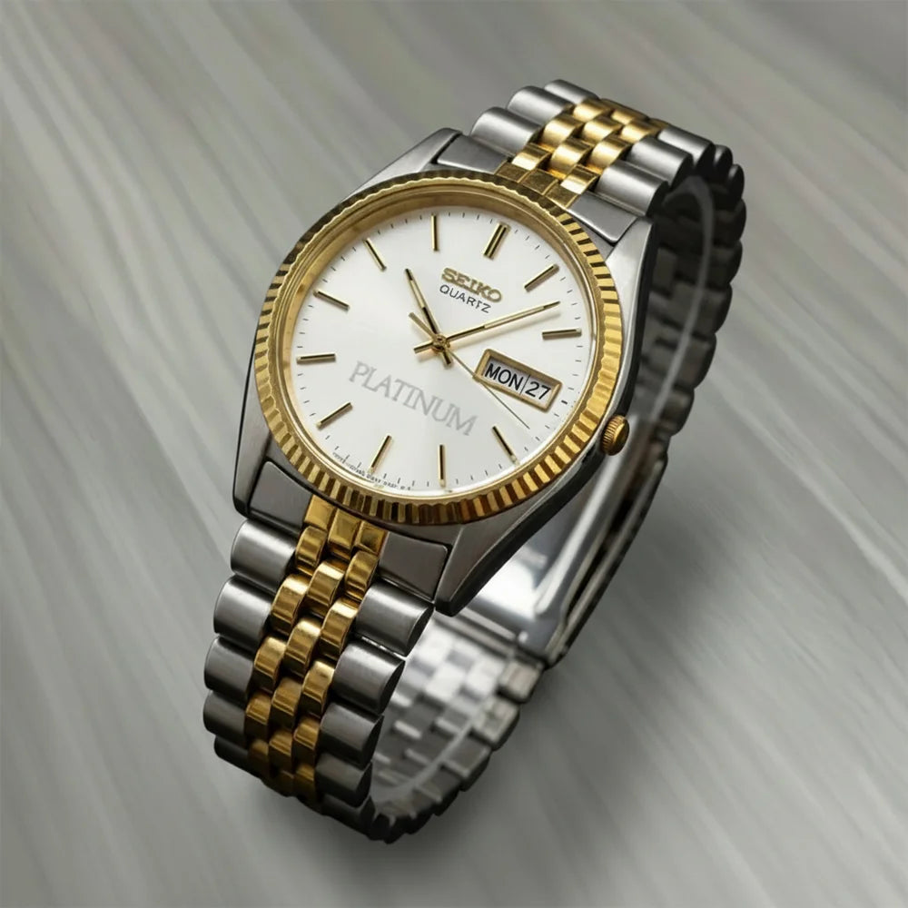 Seiko Quartz Day‑Date Men’s Watch, Two‑Tone Jubilee Bracelet, Silver “Platinum” Dial, Boxed, 1990s