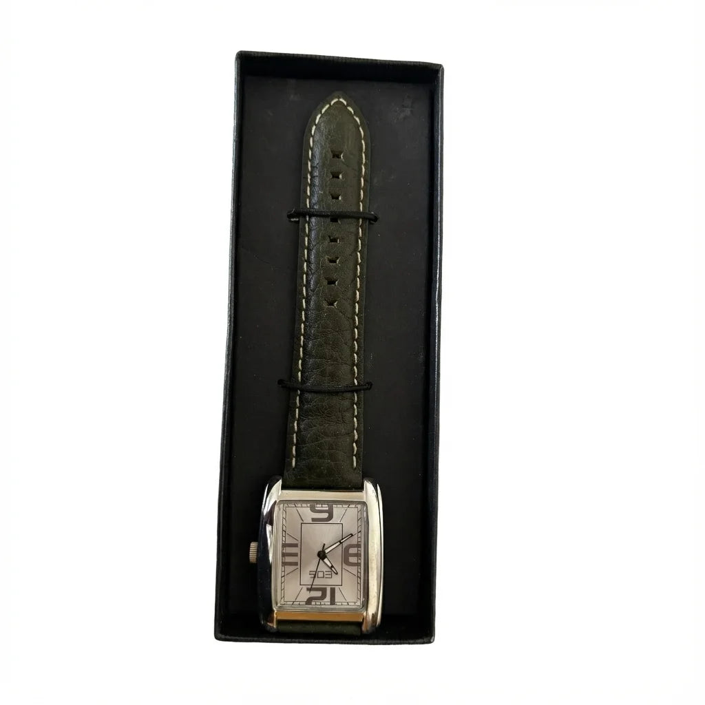 Women’s Rectangular Silver‑Dial Quartz Watch, Oversized Numerals, Olive Leather Strap, Boxed Set
