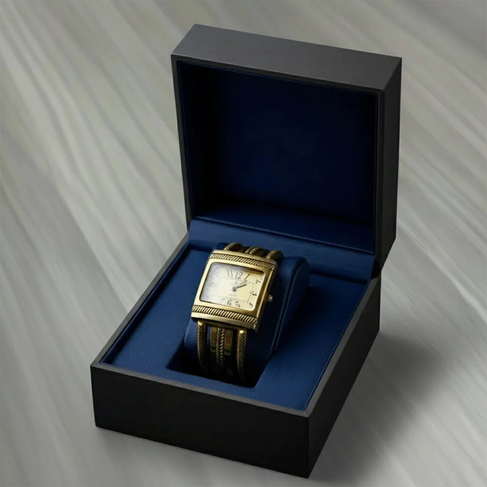 Vintage gold‑tone bangle cuff quartz watch, square rope‑edge bezel, 14K gold‑plated/filled style, retro fashion jewelry