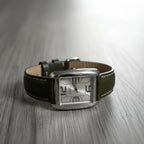Women’s Rectangular Silver‑Dial Quartz Watch, Oversized Numerals, Olive Leather Strap, Boxed Set