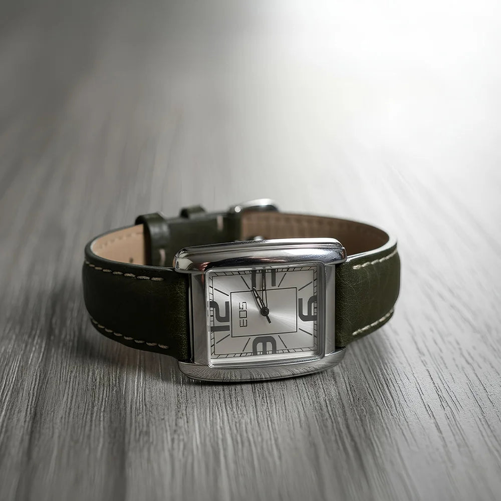 Women’s Rectangular Silver‑Dial Quartz Watch, Oversized Numerals, Olive Leather Strap, Boxed Set