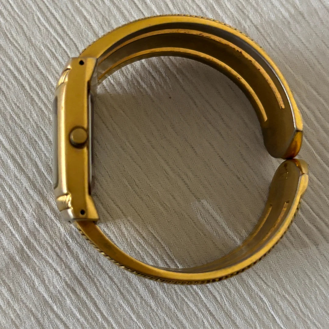Vintage gold‑tone bangle cuff quartz watch, square rope‑edge bezel, 14K gold‑plated/filled style, retro fashion jewelry