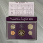 1986 United States Mint Proof Set (San Francisco “S”), 5 Coins, Original Purple Case