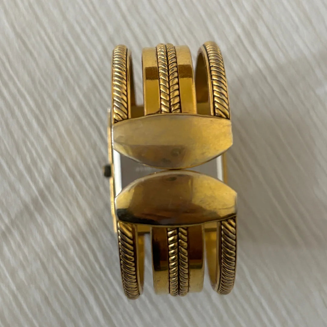 Vintage gold‑tone bangle cuff quartz watch, square rope‑edge bezel, 14K gold‑plated/filled style, retro fashion jewelry