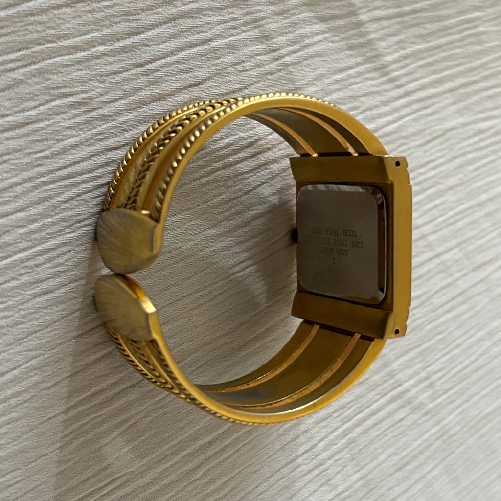 Vintage gold‑tone bangle cuff quartz watch, square rope‑edge bezel, 14K gold‑plated/filled style, retro fashion jewelry