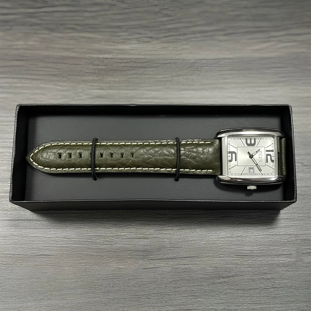 Women’s Rectangular Silver‑Dial Quartz Watch, Oversized Numerals, Olive Leather Strap, Boxed Set