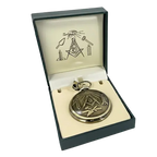Gold‑Tone Masonic “G” Full‑Hunter Quartz Pocket Watch with Box — Square & Compasses, All‑Seeing Eye Design