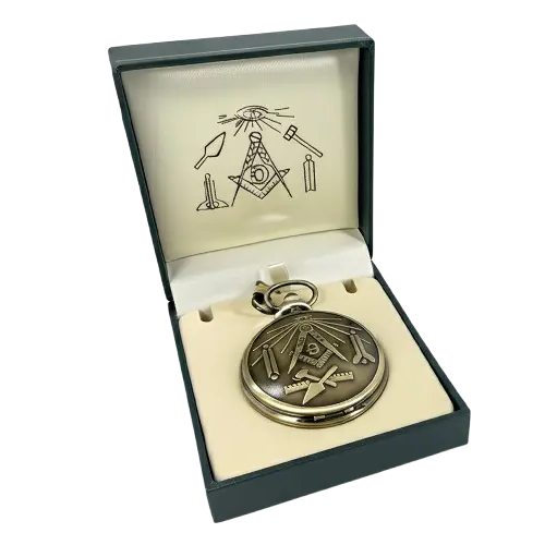Gold‑Tone Masonic “G” Full‑Hunter Quartz Pocket Watch with Box — Square & Compasses, All‑Seeing Eye Design