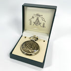 Gold‑Tone Masonic “G” Full‑Hunter Quartz Pocket Watch with Box — Square & Compasses, All‑Seeing Eye Design