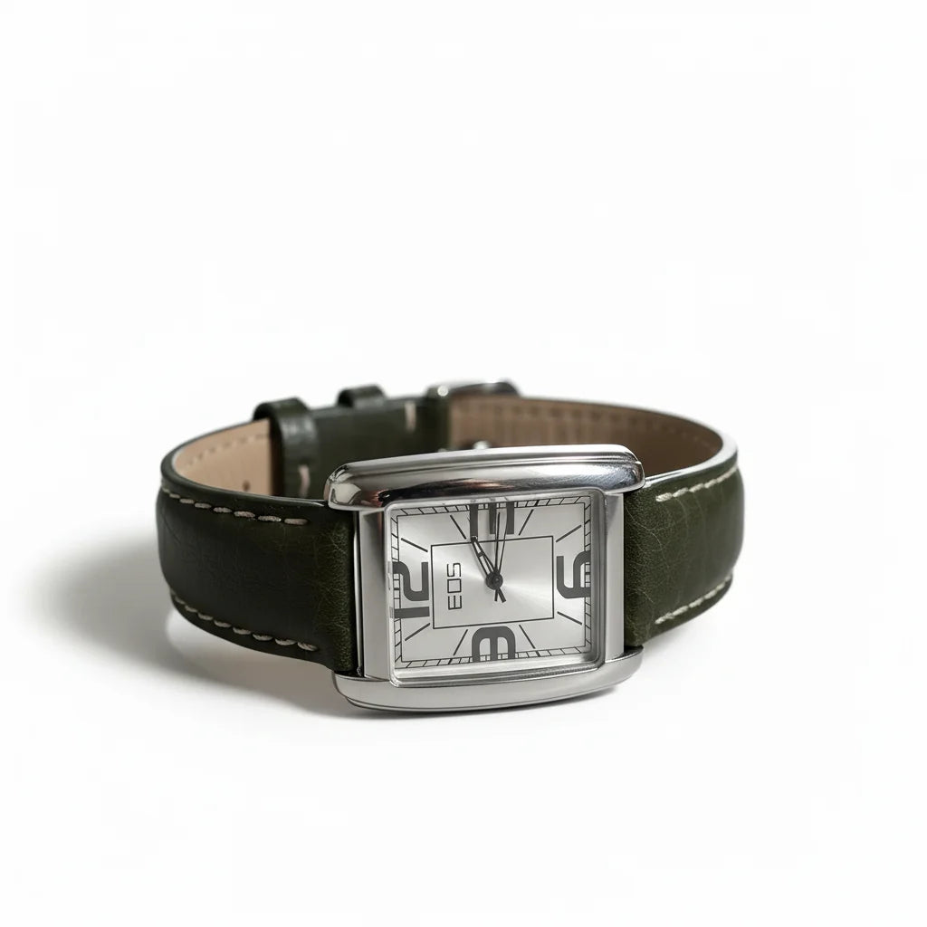 Women’s Rectangular Silver‑Dial Quartz Watch, Oversized Numerals, Olive Leather Strap, Boxed Set