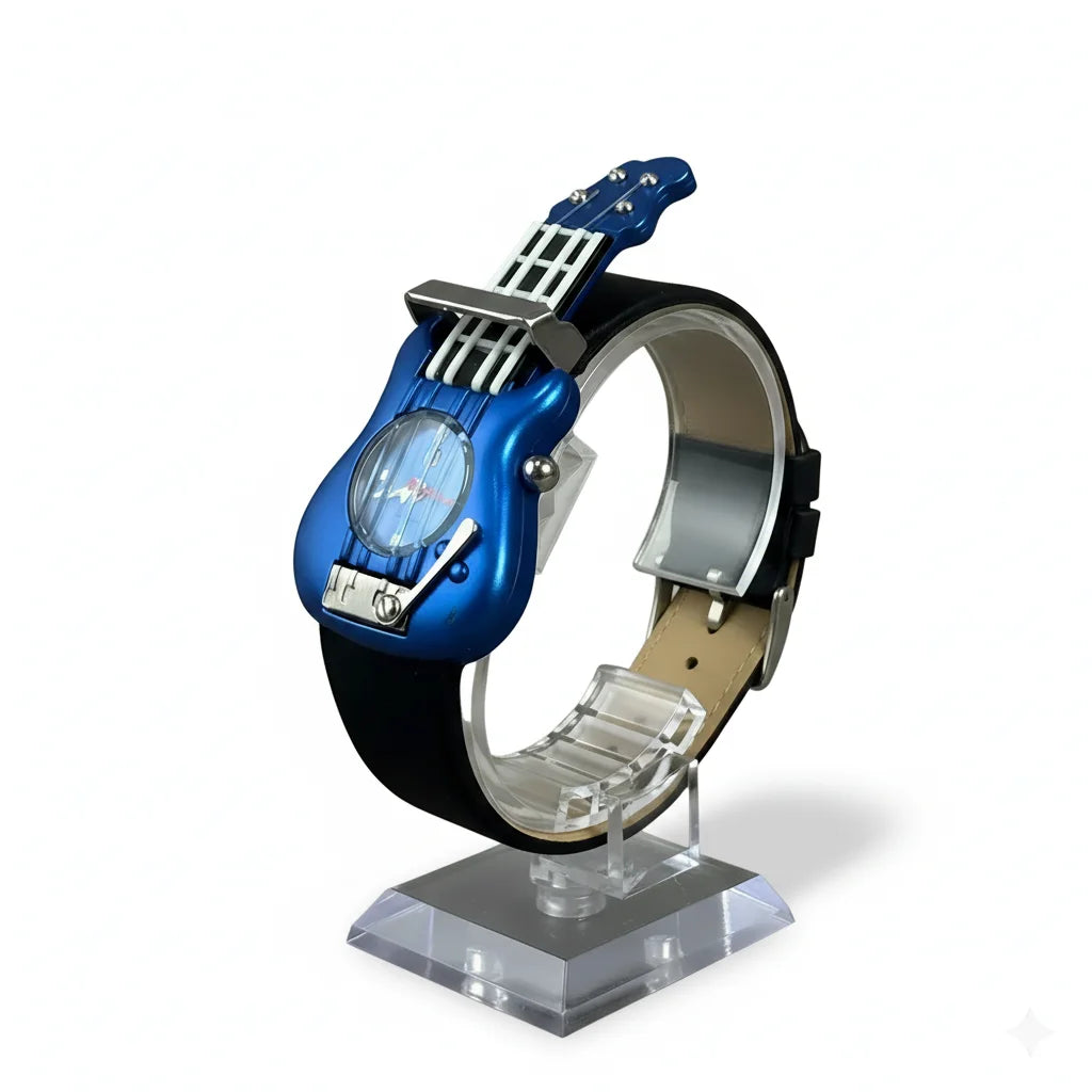 Guitar‑Shaped Quartz Wristwatch with Hard Guitar Case, Blue Body, Rock & Roll Novelty, 1990s–2000s
