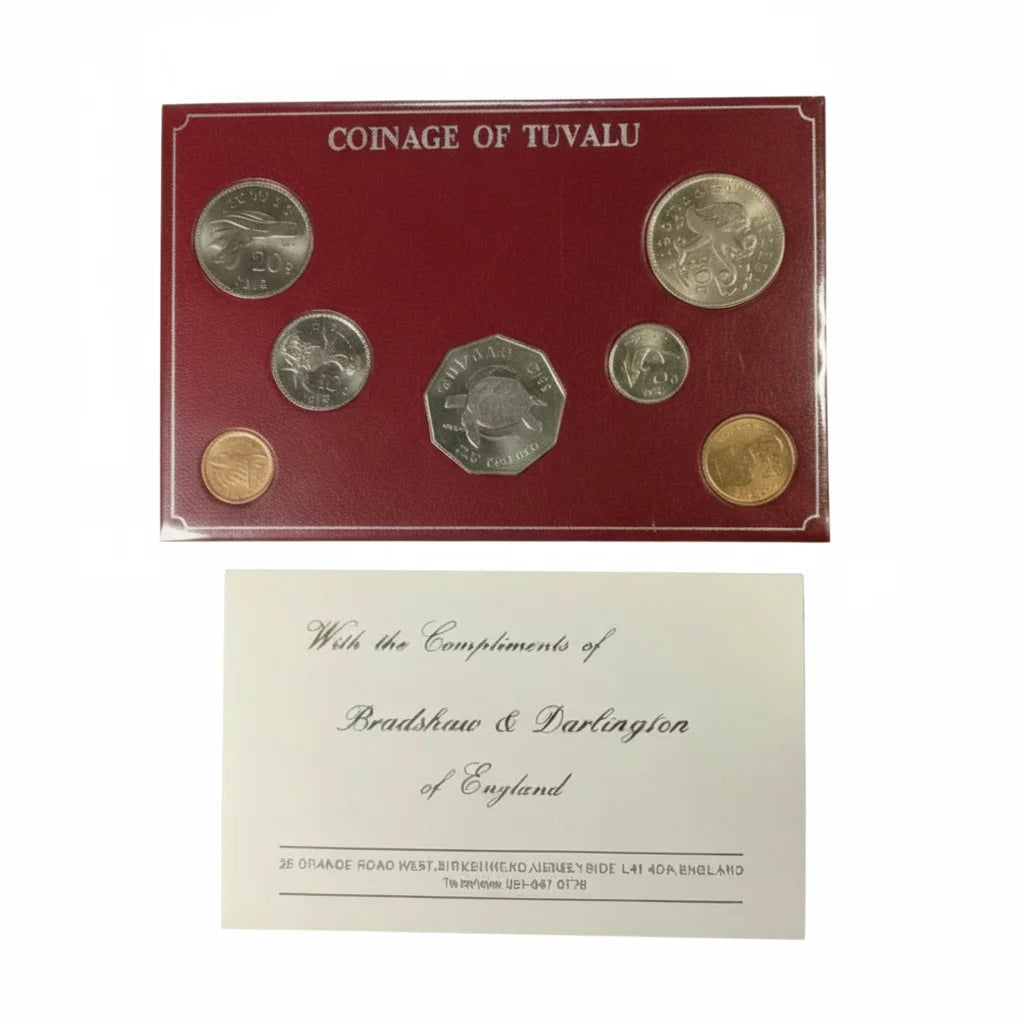 Tuvalu First Coinage Uncirculated Set (c. 1976), 7 Coins in Original Wallet, Queen Elizabeth II
