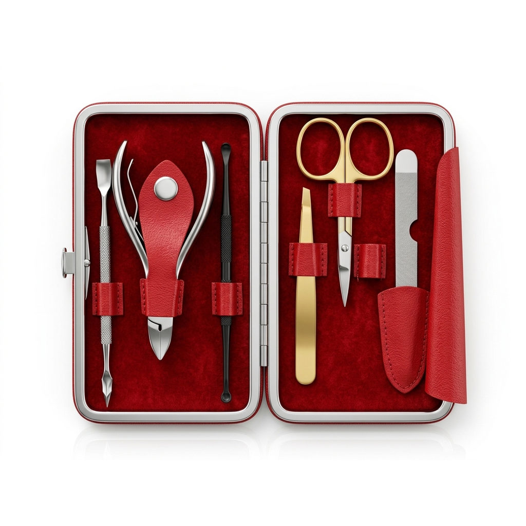 Professional Mini Mani Pedi Kit 6-in-1 - Nail Grooming Set with Red Clamshell Case
