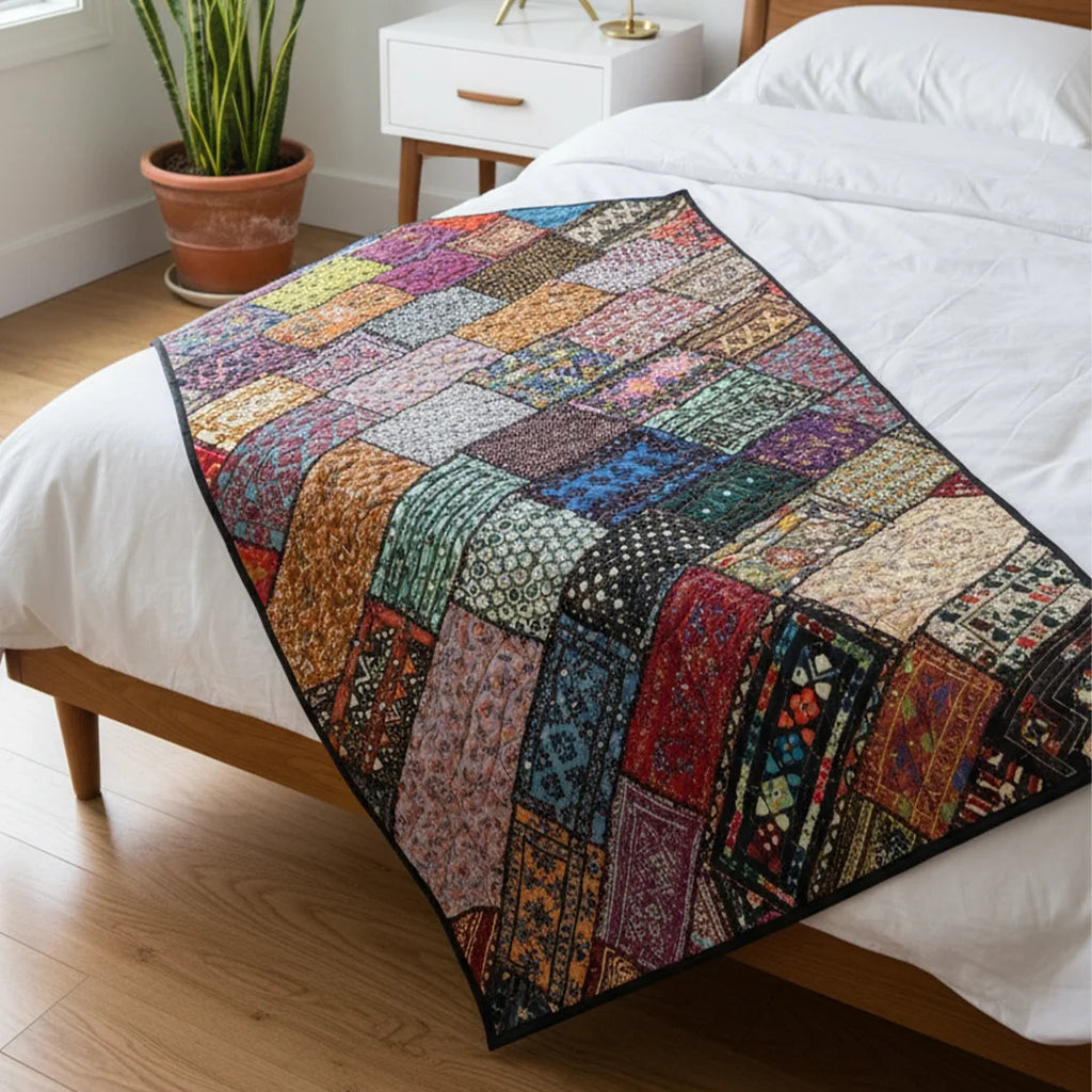 Vintage Tribal Patchwork Quilt – Mixed Pattern, Fabric Collage, Boho Decor Throw, Handmade by Craftswomen from Thar Desert, Sindh, Pakistan