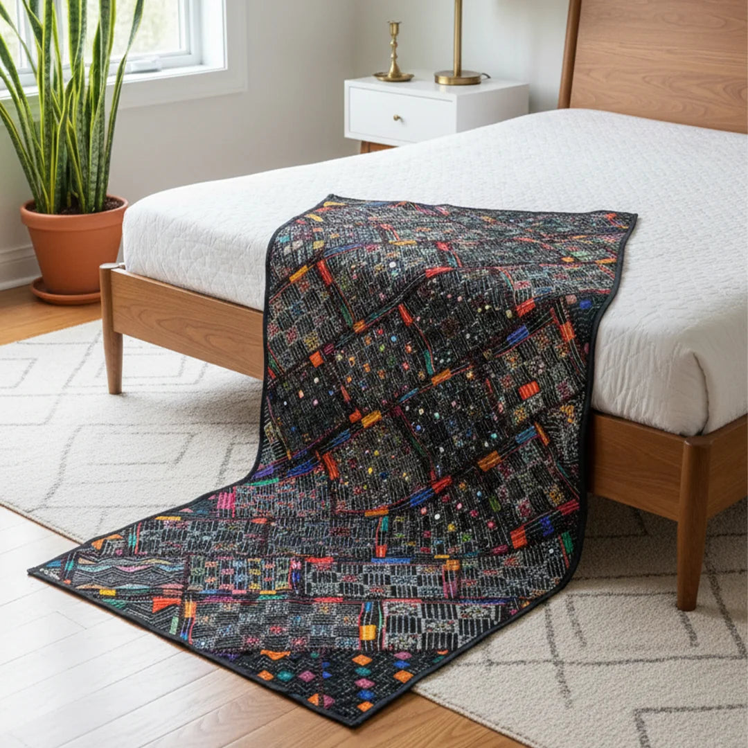 Vintage Multicolor Ralli Quilt –Bohemian Art Piece, Folk Patchwork, Mirror Work, Handmade by Craftswomen from Thar Desert, Sindh, Pakistan