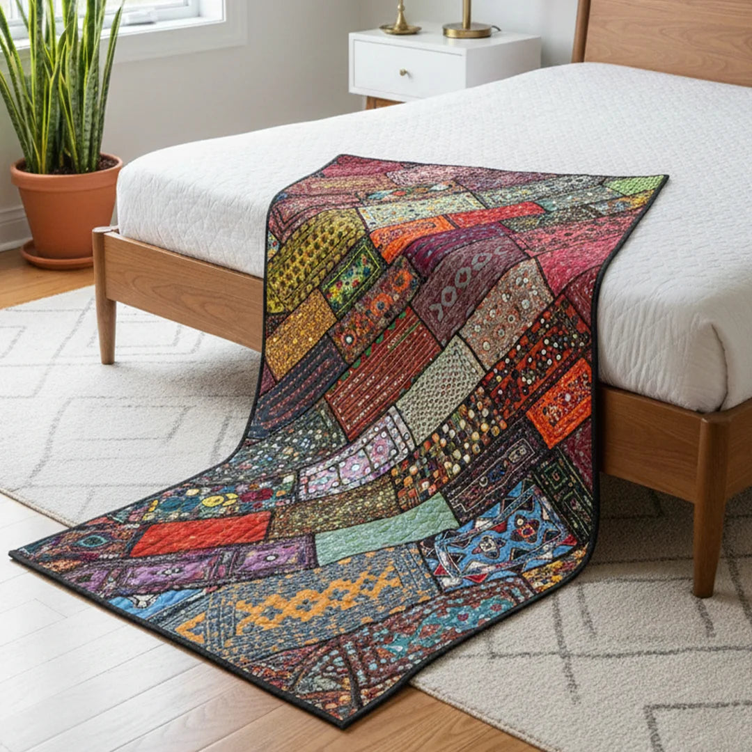 Bohemian Multicolor Geometric Ralli Quilt – Traditional Patchwork, Folk Art, Handmade by Craftswomen from Thar Desert, Sindh, Pakistan