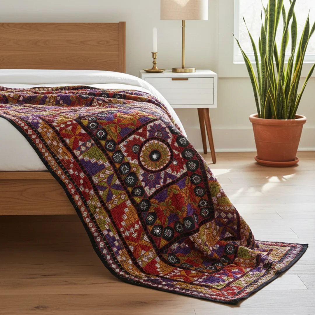 Multicolor Geometric Ralli Quilt – Vintage Patchwork, Embroidery, Mirror Work, Handmade by Craftswomen from Thar Desert, Sindh, Pakistan