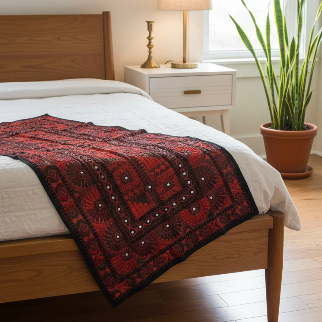 Traditional Vintage Ralli Quilt – Folk Embroidery, Mirror Work, Handmade by Craftswomen from Thar Desert, Sindh, Pakistan