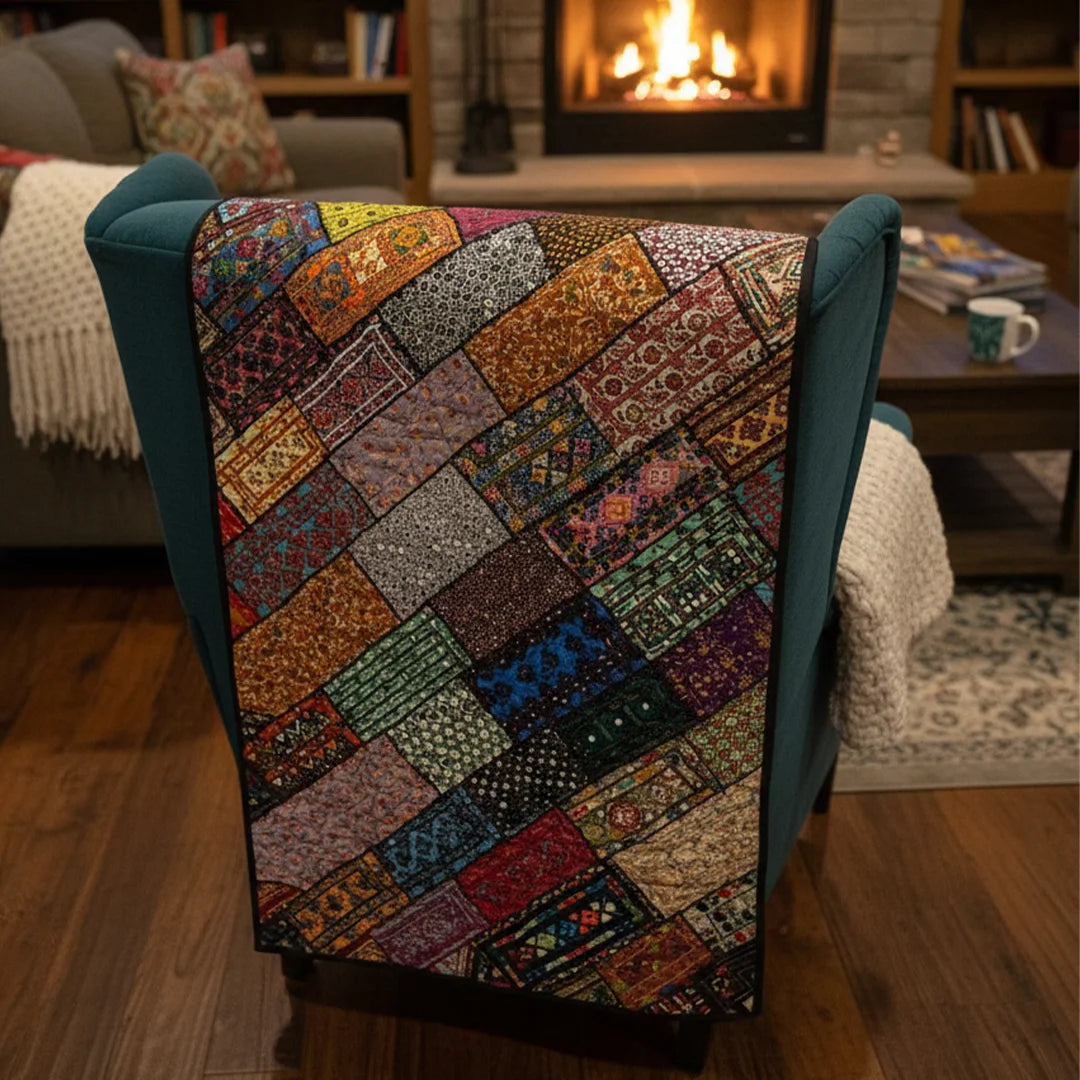 Vintage Tribal Patchwork Quilt – Mixed Pattern, Fabric Collage, Boho Decor Throw, Handmade by Craftswomen from Thar Desert, Sindh, Pakistan