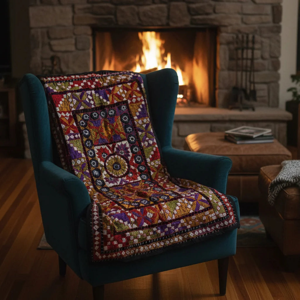 Multicolor Geometric Ralli Quilt – Vintage Patchwork, Embroidery, Mirror Work, Handmade by Craftswomen from Thar Desert, Sindh, Pakistan