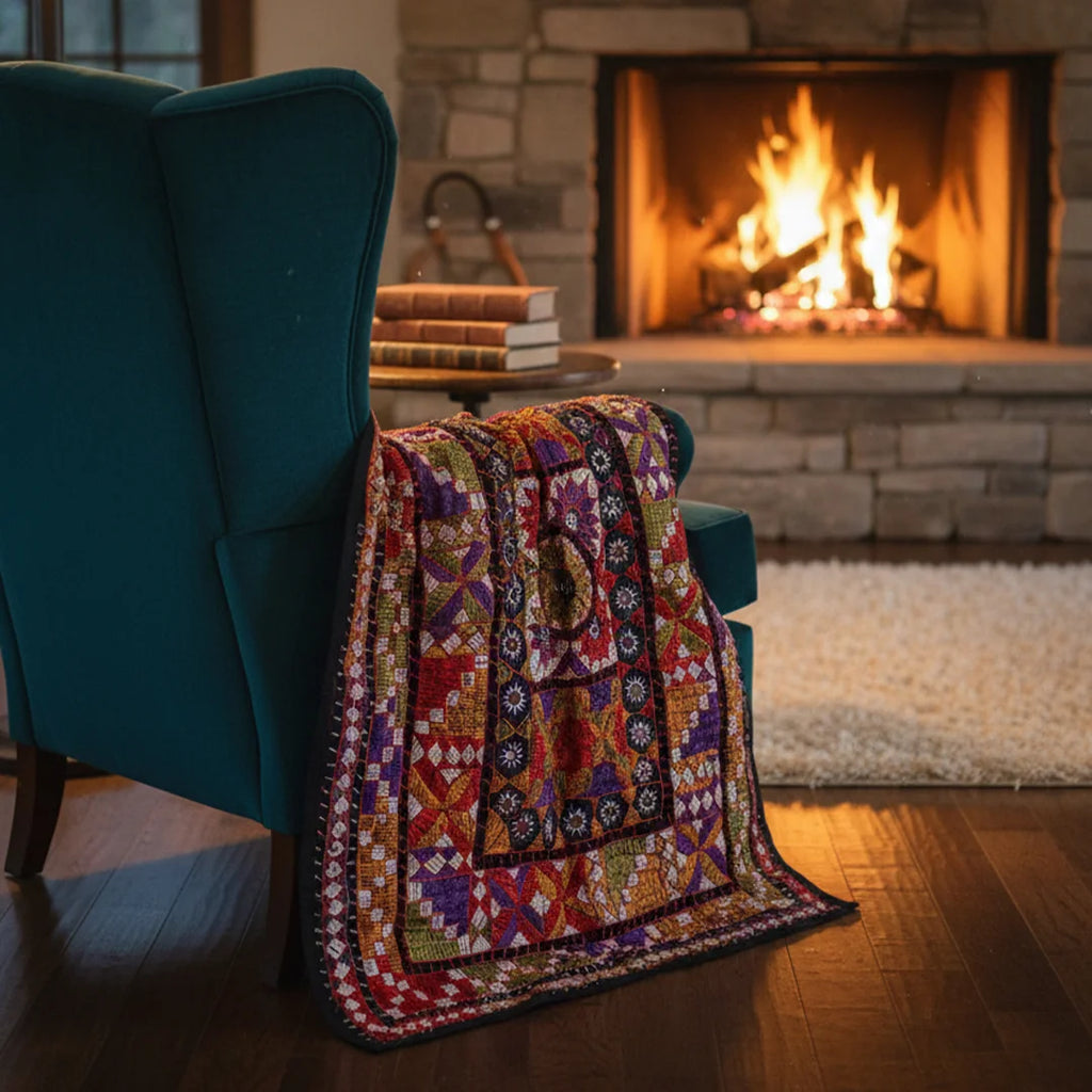 Multicolor Geometric Ralli Quilt – Vintage Patchwork, Embroidery, Mirror Work, Handmade by Craftswomen from Thar Desert, Sindh, Pakistan