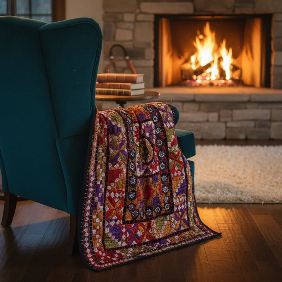 Multicolor Geometric Ralli Quilt – Vintage Patchwork, Embroidery, Mirror Work, Handmade by Craftswomen from Thar Desert, Sindh, Pakistan