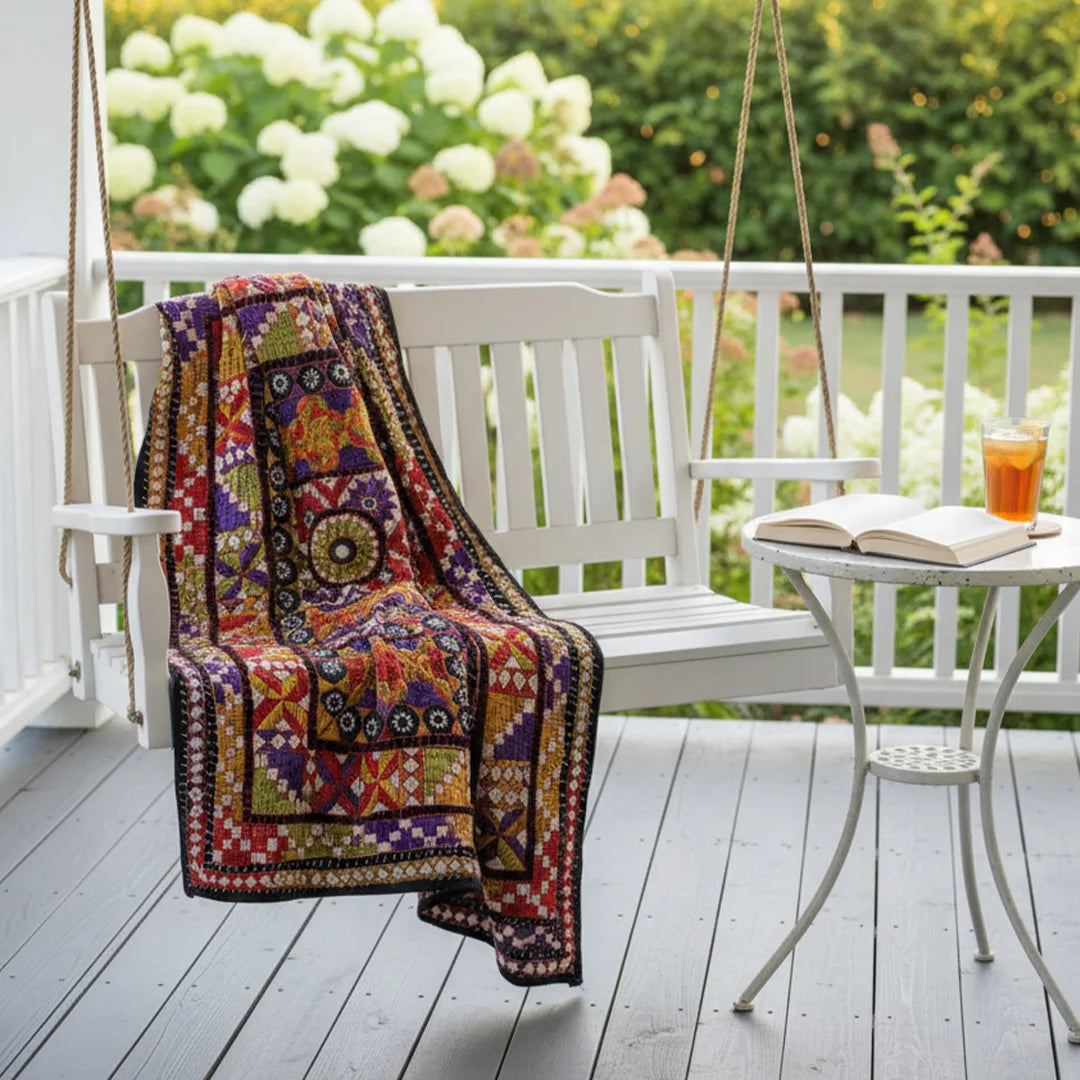 Multicolor Geometric Ralli Quilt – Vintage Patchwork, Embroidery, Mirror Work, Handmade by Craftswomen from Thar Desert, Sindh, Pakistan