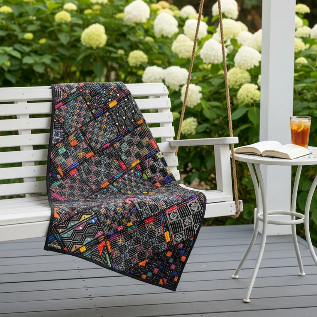 Vintage Multicolor Ralli Quilt –Bohemian Art Piece, Folk Patchwork, Mirror Work, Handmade by Craftswomen from Thar Desert, Sindh, Pakistan