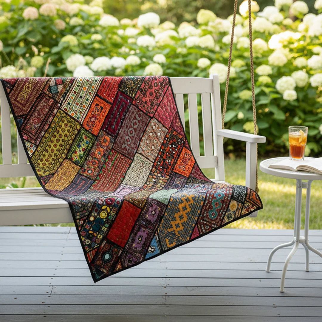 Bohemian Multicolor Geometric Ralli Quilt – Traditional Patchwork, Folk Art, Handmade by Craftswomen from Thar Desert, Sindh, Pakistan