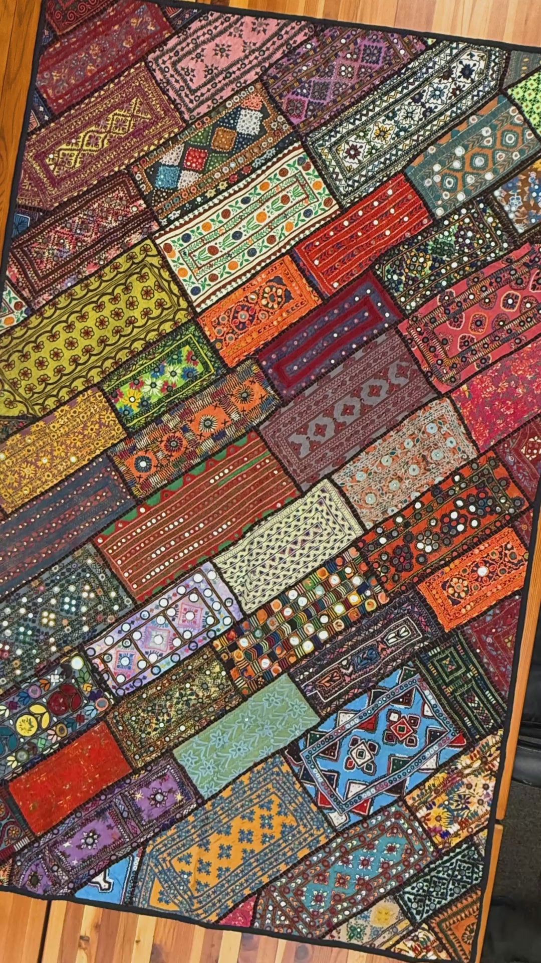 Bohemian Multicolor Geometric Ralli Quilt – Traditional Patchwork, Folk Art, Handmade by Craftswomen from Thar Desert, Sindh, Pakistan