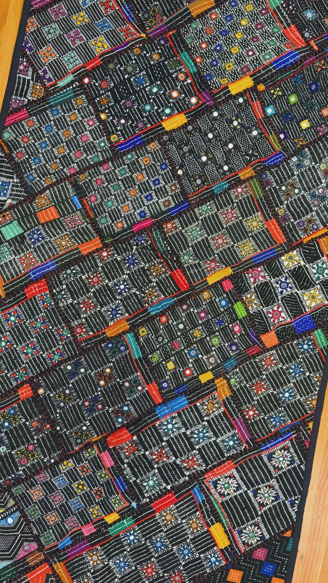 Vintage Multicolor Ralli Quilt –Bohemian Art Piece, Folk Patchwork, Mirror Work, Handmade by Craftswomen from Thar Desert, Sindh, Pakistan