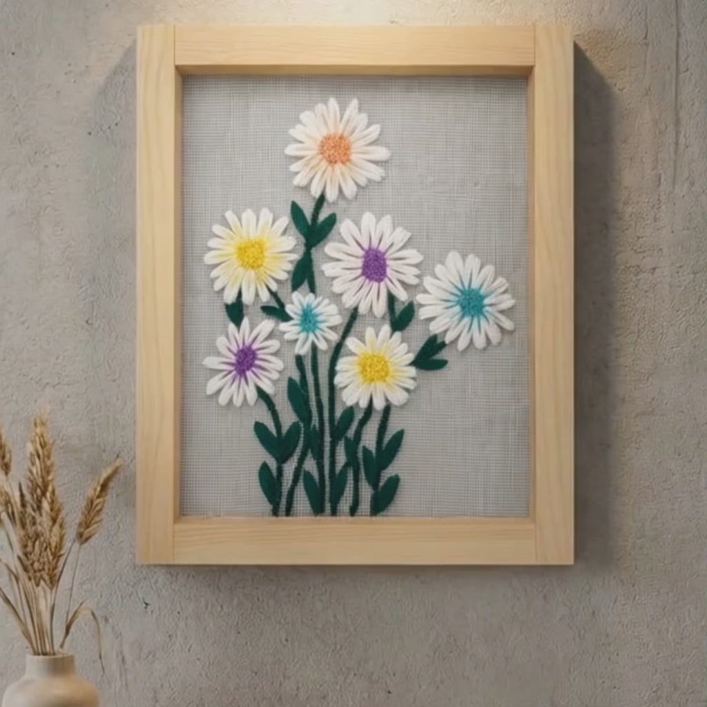 Pastel Daisy Embroidered Wall Hanging with Wooden Frame | 10×12 Inch