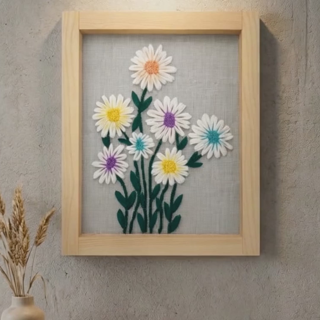 Pastel Daisy Embroidered Wall Hanging with Wooden Frame | 10×12 Inch