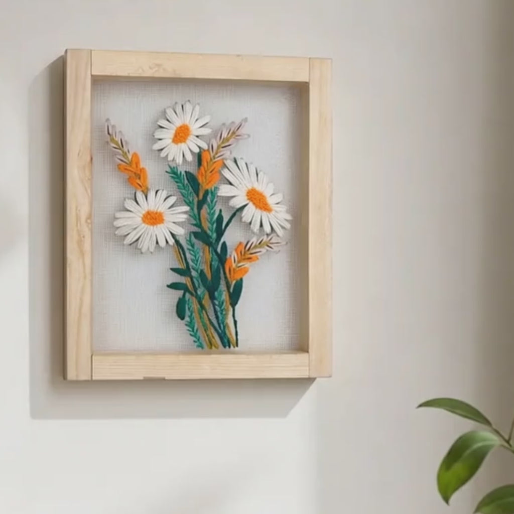 White Daisy Floral Embroidered Wall Hanging with Wooden Frame | 10×12 Inch